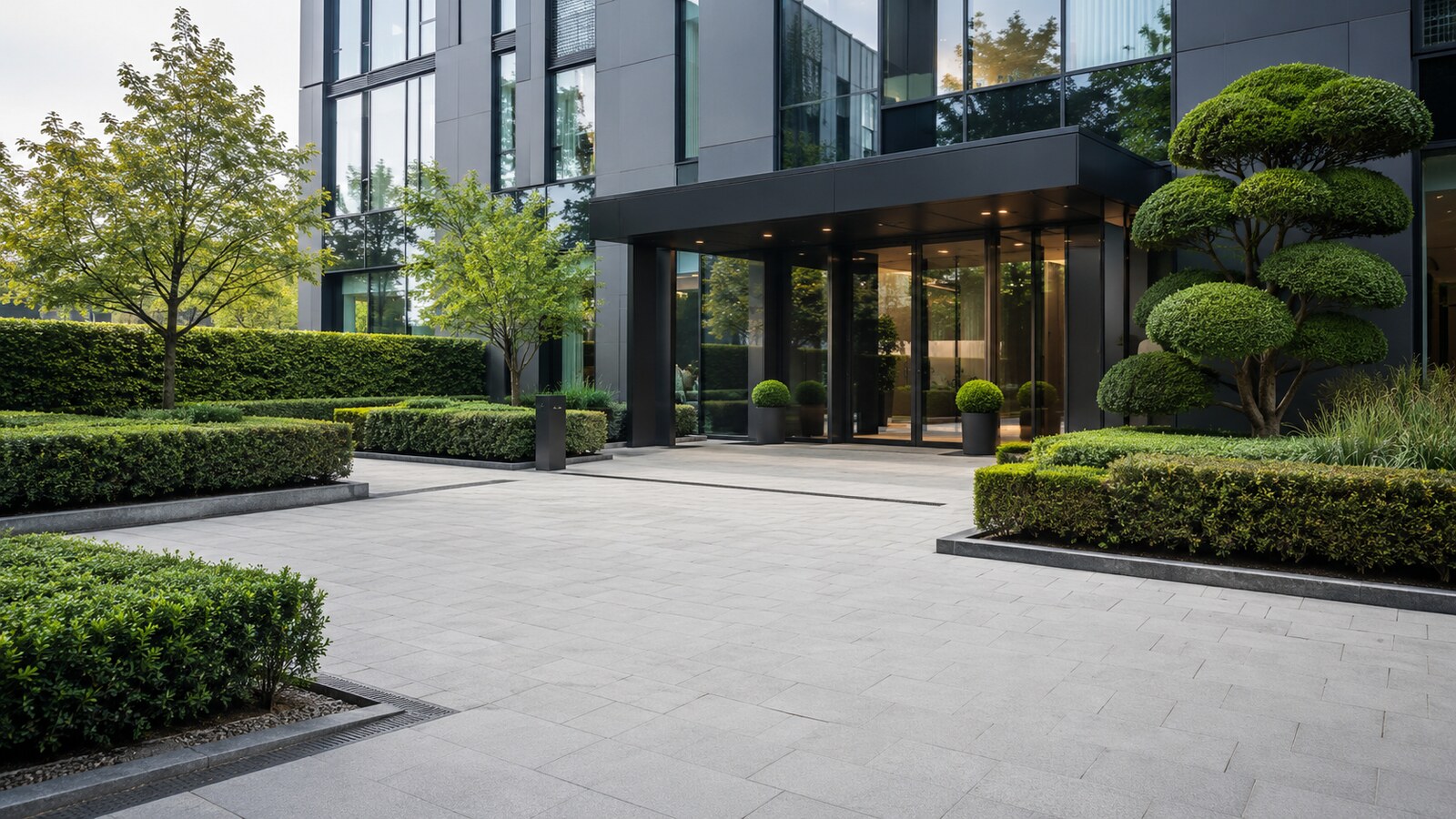 Begrünter Eingangsbereich eines Bürogebäudes mit Formgehölzen
