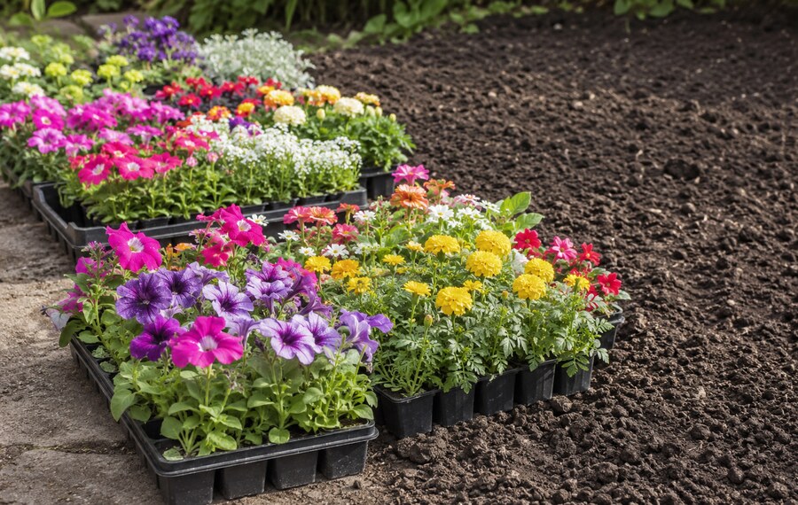 Bunte Sommerblumen in Pflanzschalen