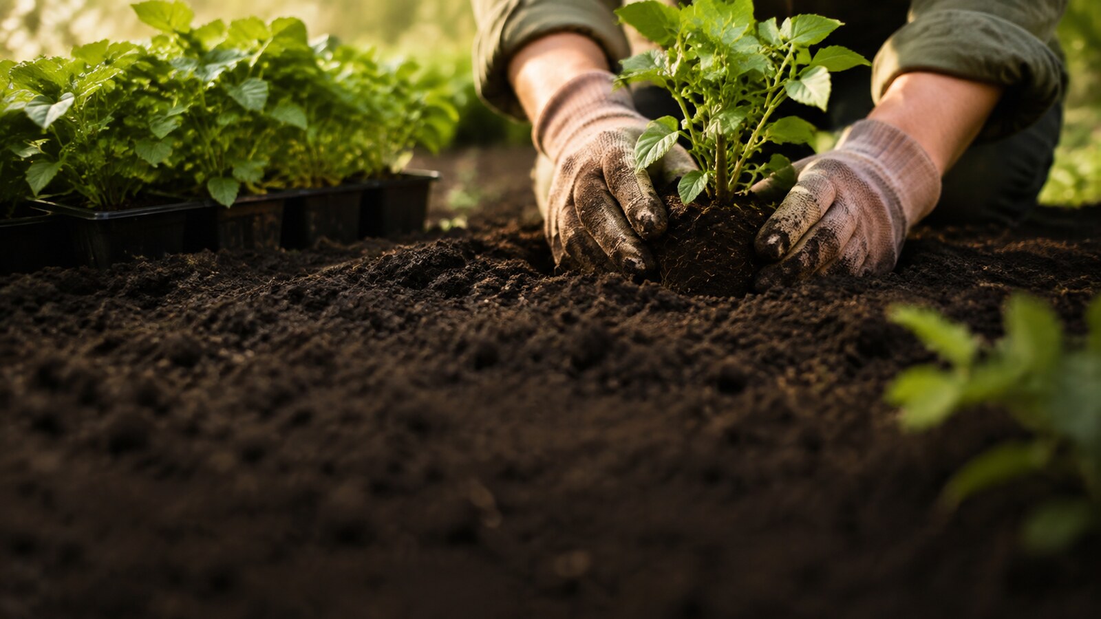 Hände mit Gartenhandschuhen setzen eine junge Pflanze in vorbereitete Erde