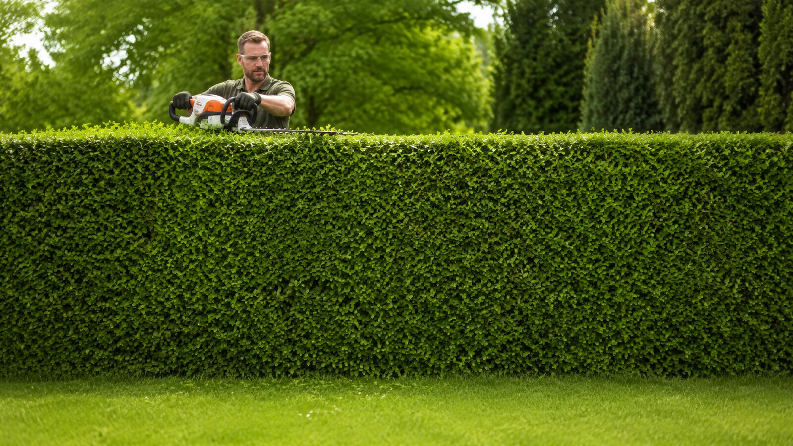 Gärtner schneidet mit der Heckenschere eine hohe Hecke