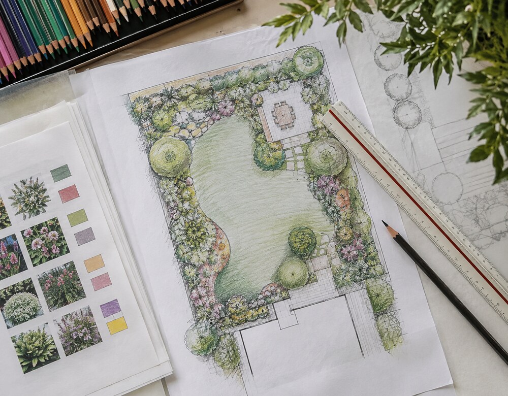 Handgezeichneter Gartenplan mit Farbstiften und Pflanzliste