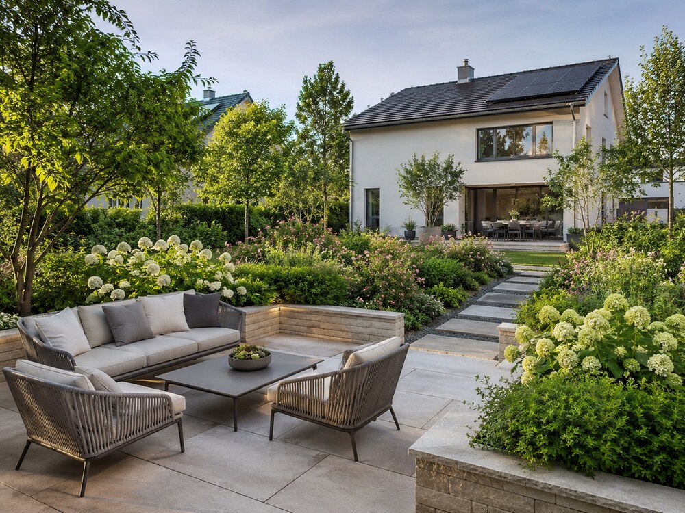 Angelegter Privatgarten mit Terrasse, Hochbeeten und blühenden Sträuchern