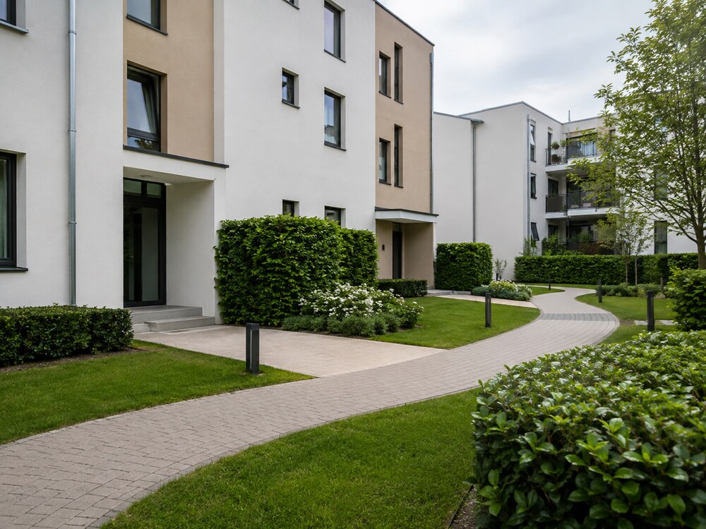Gepflegte Grünanlage einer Wohnanlage mit geschnittenen Hecken