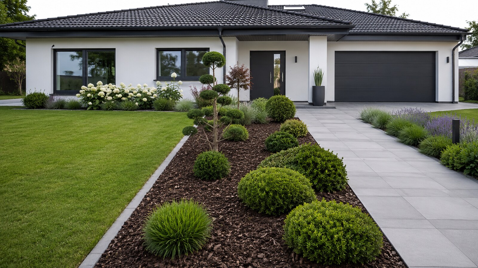Fertig begrünter Vorgarten eines Wohnhauses mit Rasenfläche, Formgehölzen, Mulchbeeten und Plattenweg